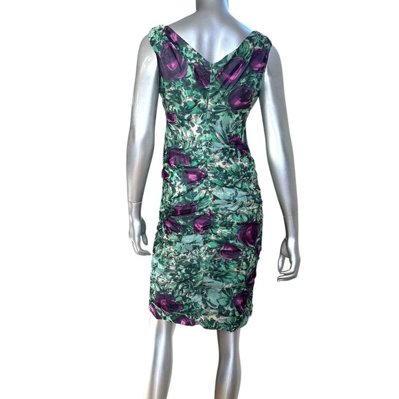 Nanette Lepore Silk Green & Purple Floral Print Sleeveless Dress with Ruching 4 - Picture 3 of 10